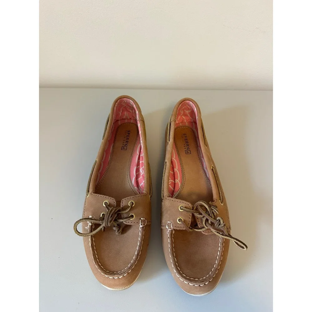 Sperry Top-Sider Tan Leather Boat Shoes with Pink Sole | Size 9.5